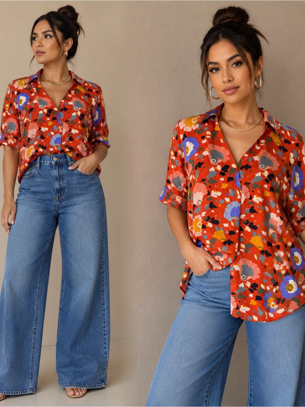 Floral Button-Up Blouse - Orange